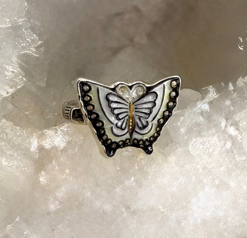Arita Hand Painted Butterfly Toshikane Button set in Sterling silver ring Size 7