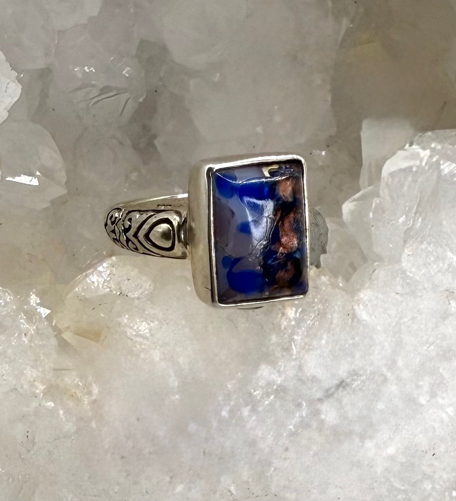 Antique Leo Popper Glass Button set in Sterling Silver Ring Size 7