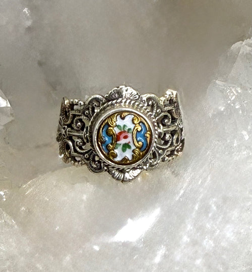 Antique Victorian Hand Painted Enamel Button set in Filigree Sterling Silver Ring Size 8