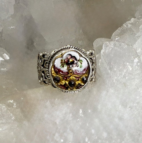 Antique Victorian Hand Painted Enamel Button set in Filigree Sterling Silver Ring Size 8