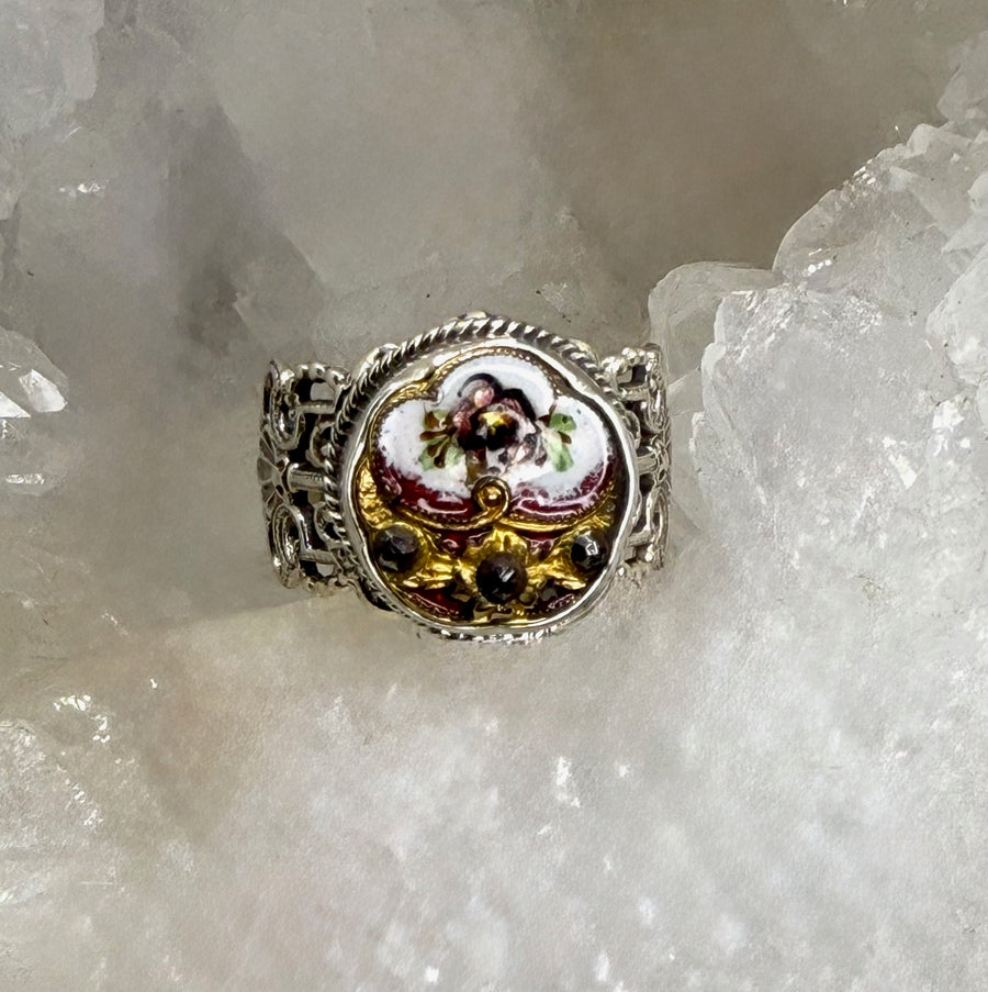 Antique Victorian Hand Painted Enamel Button set in Filigree Sterling Silver Ring Size 8