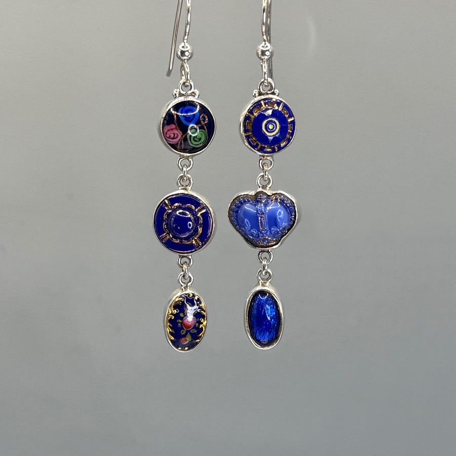 Asymmetrical Victorian Button Earrings set in Sterling Silver