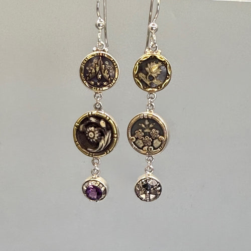 Asymmetrical Victorian Button Earrings set in Sterling Silver