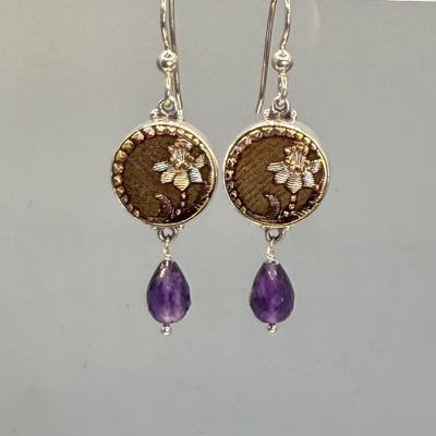 Victorian Painted Perfume Button Earrings set in Sterling Silver w/ Amethyst Facet Stone Accent