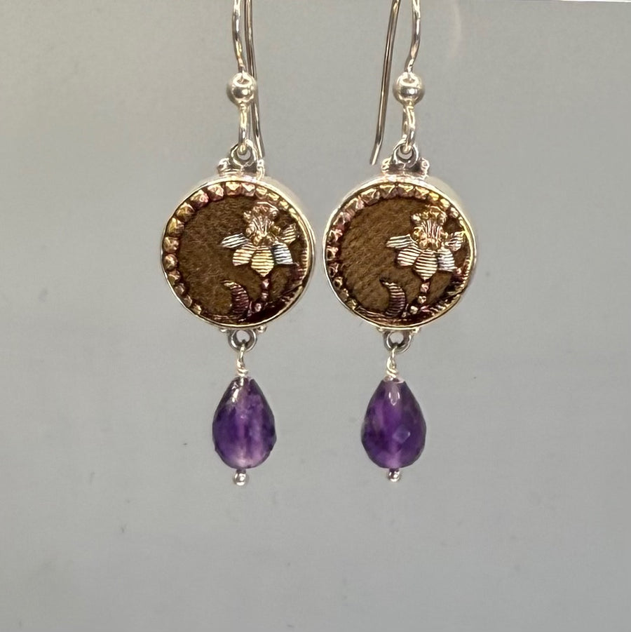 Victorian Painted Perfume Button Earrings set in Sterling Silver w/ Amethyst Facet Stone Accent