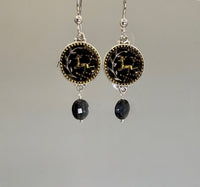 Victorian Perfume Button Earrings with Deer Image set in Sterling Silver w/ Tourmaline Facet Stone Accent