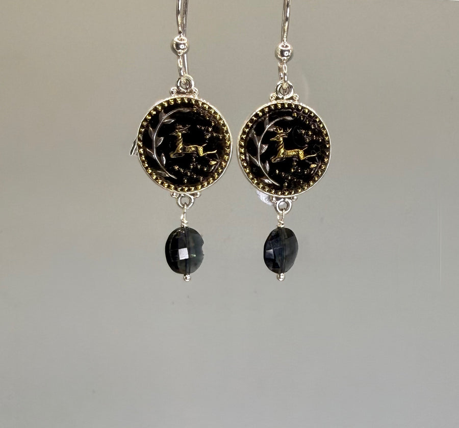Victorian Perfume Button Earrings with Deer Image set in Sterling Silver w/ Tourmaline Facet Stone Accent