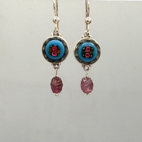 Victorian Glass in Metal Rose Center Turquoise Glass Button Earrings set in Sterling Silver w/ Carved Tourmaline Stone Accent