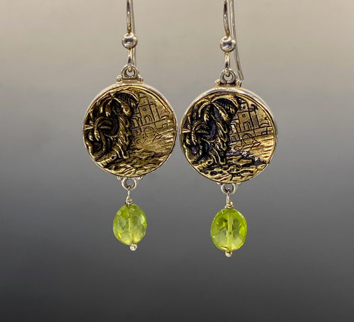 Victorian Picture Metal Palm Tree Button Earrings set in Sterling Silver Earring w/ Peridot Accent