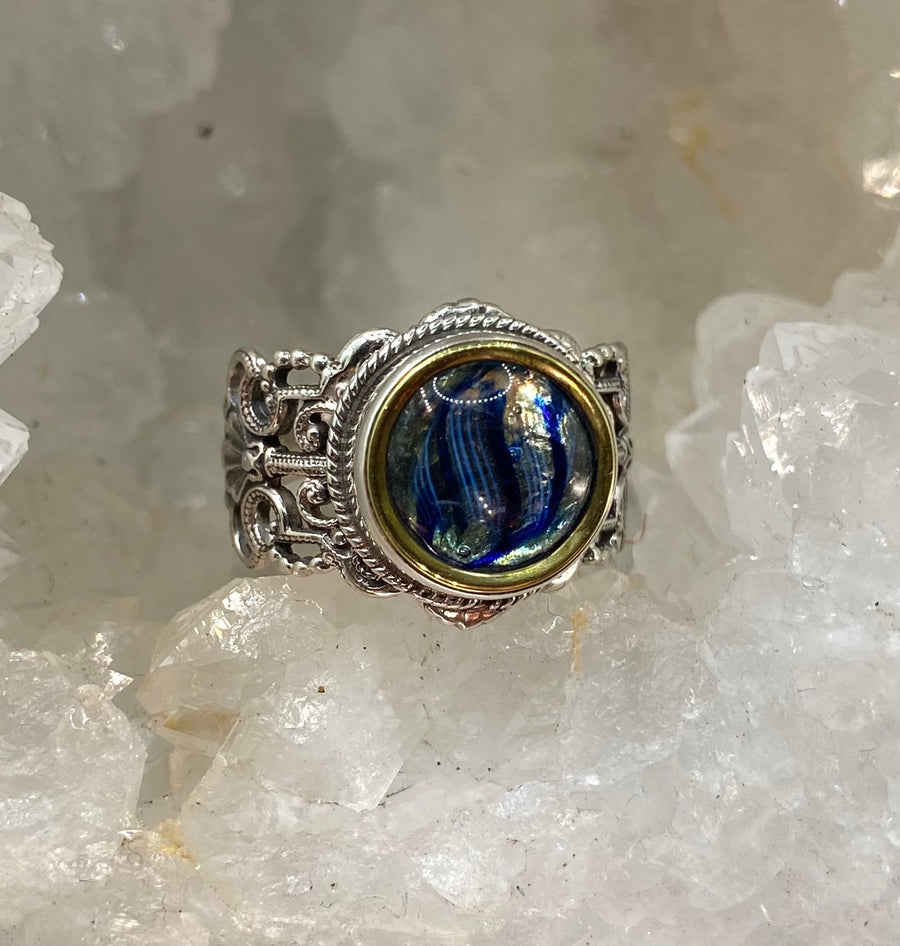 Victorian Glass in Metal Button Set in Sterling Silver Filigree Ring Size 7-1/2