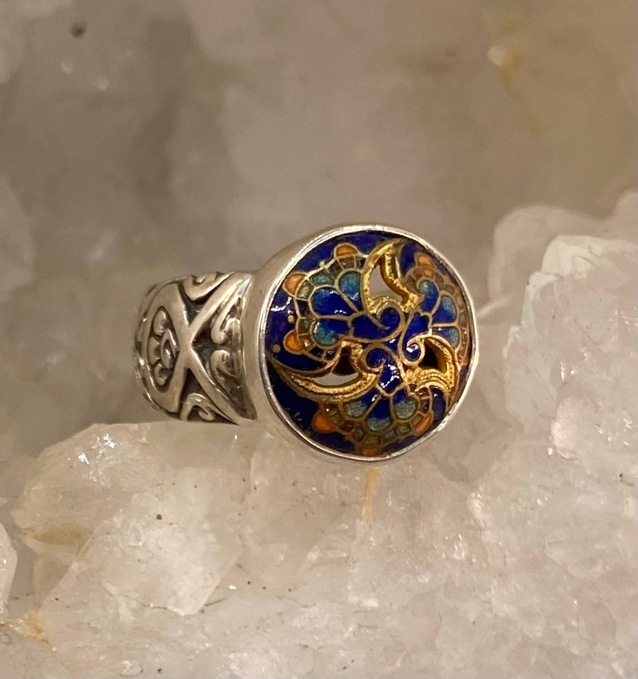 Victorian Hand Painted Enamel Button set in Sterling Silver Ring Size 7 -1/4