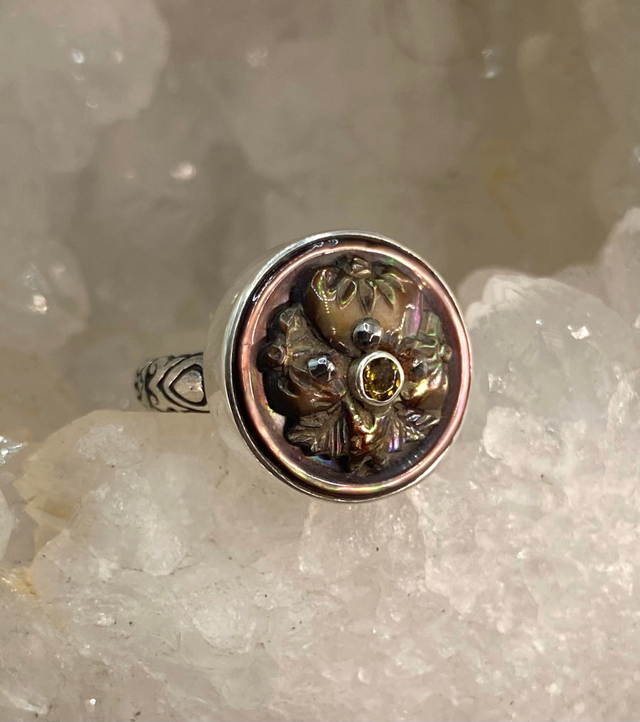 Victorian Shell Button Floral Design with Steel Facet Accent & Tourmaline Ceter Facet Stone Accent Size 8