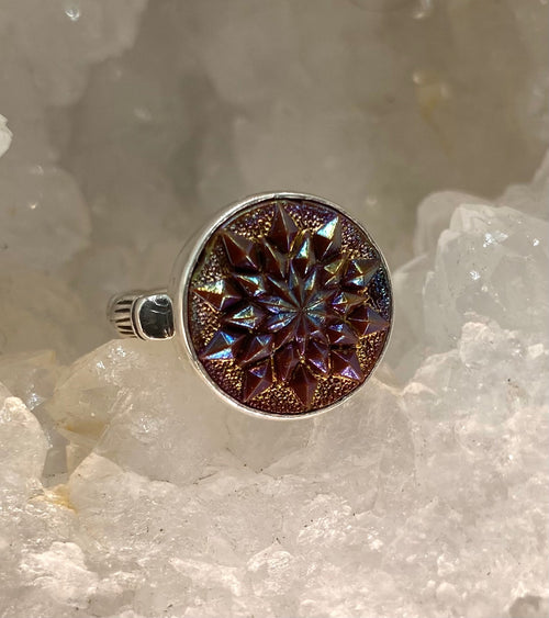 Vintage Czech Republic Luster Glass Button set in Sterling Silver Ring Size 7-1/2