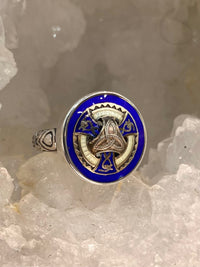 Victorian Hand Painted Enamel Blue & White Triad Sterling Silver Button set in Sterling Silver Ring Size 7-1/2