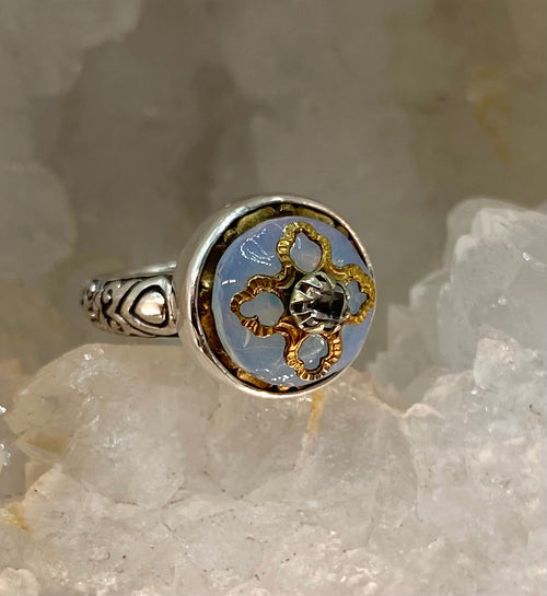 Victorian Opalescent Glass in Metal Button Set in Sterling Silver Ring Size 6-3/4