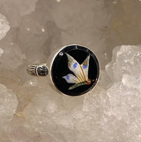 Victorian Hand Painted Enamel Butterfly on Black Glass Button set in Sterling Silver Ring Size 7