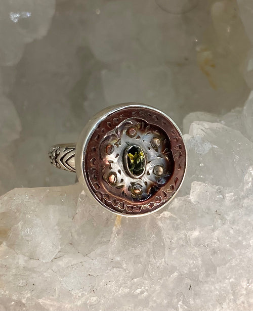Victorian Carved Tinted Shell Button w/ Tourmaline Facet Center set in Sterling Silver Ring Size 7