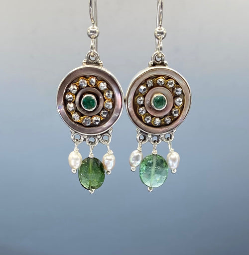 Victorian Carved Shell Button with Steel Facet Rim Button with Emerald Stone Center set in Sterling Silver with Tourmaline and Stone Accent