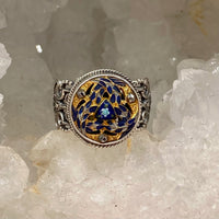 Victorian Hand Painted Floral Enamel Button set in Filigree Sterling Silver Ring Size 8