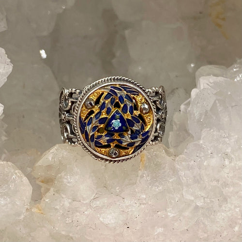 Victorian Hand Painted Floral Enamel Button set in Filigree Sterling Silver Ring Size 8