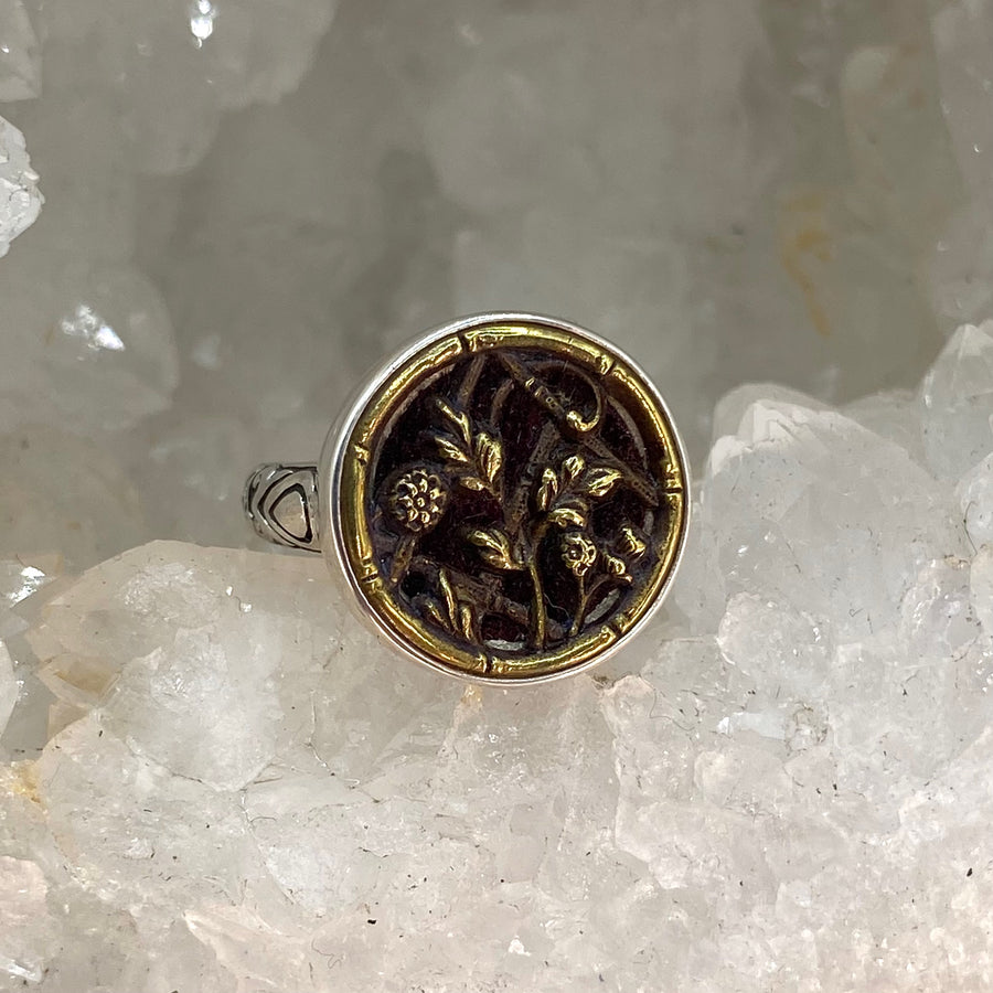 Victorian Metal Perfume Velvet Floral Button Set in Sterling Silver Ring Design Size 7-3/4