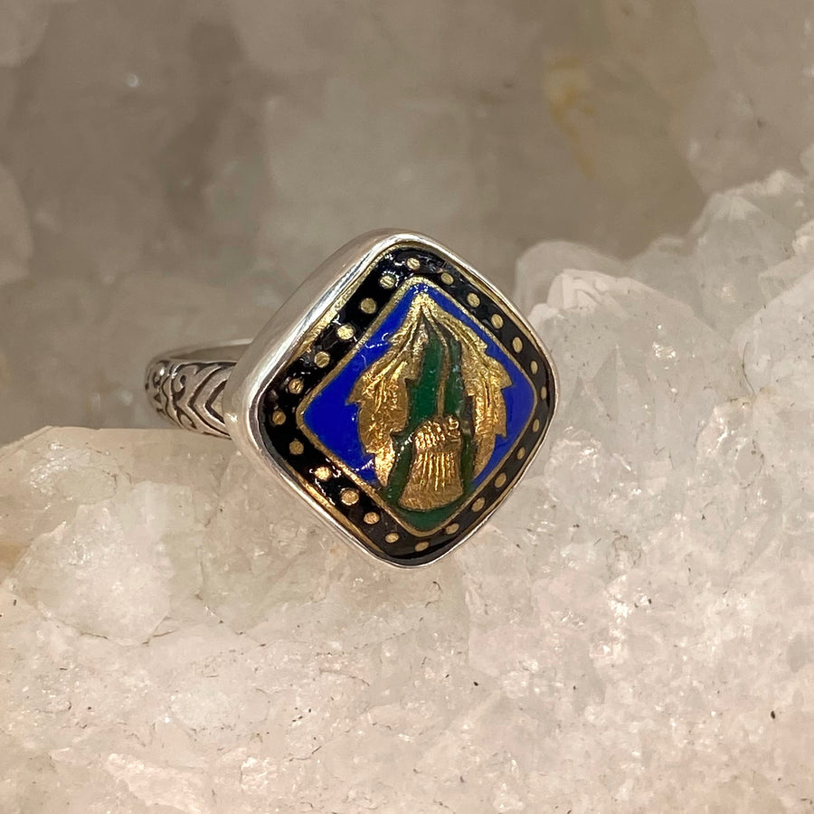Victorian Hand Painted Thistle Enamel on Shell Button set in Sterling Silver Ring Size 7