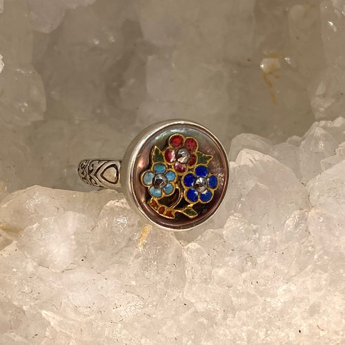 Victorian Hand Painted Floral Enamel on Shell Button set in Filigree Sterling Silver Ring Size 7-1/2