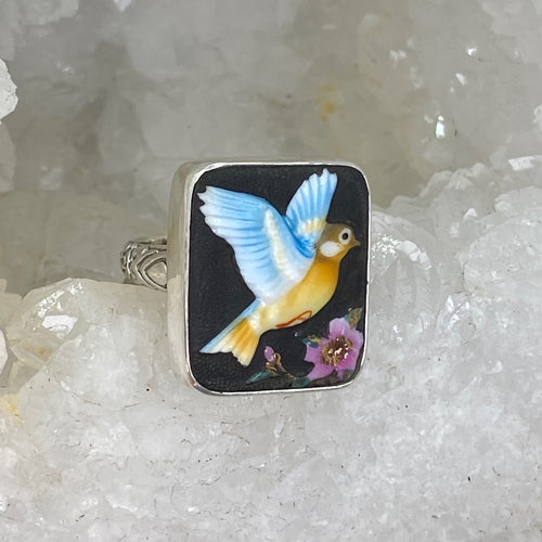 Vintage Arita Bird Button from Toshikane Factory Set in Sterling Silver Ring Size 7-1/2