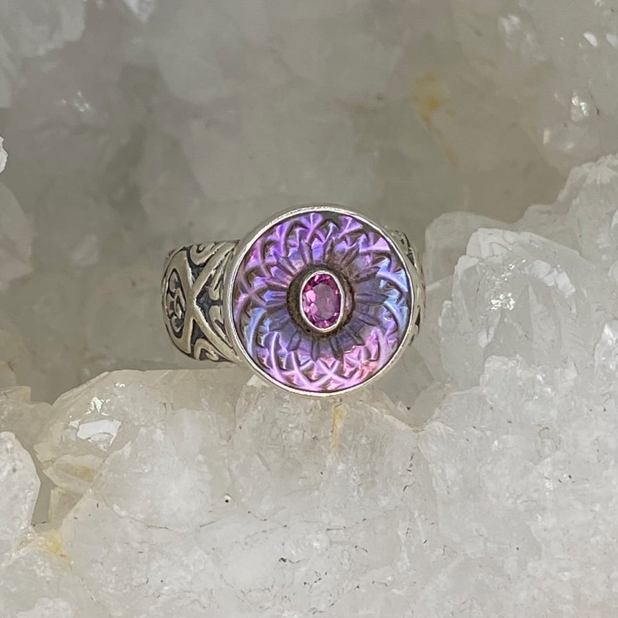 Victorian Carved Tinted Shell Button w/ Tourmaline Facet Center set in Sterling Silver Ring Size 7