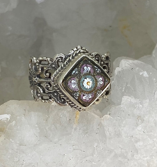 Antique Button Micro Mosaic Italian Glass Button set In Filigree Sterling Silver Ring Size 7-1/4