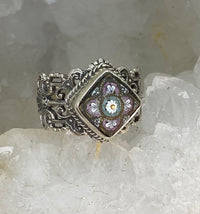 Antique Button Micro Mosaic Italian Glass Button set In Filigree Sterling Silver Ring Size 7-1/4