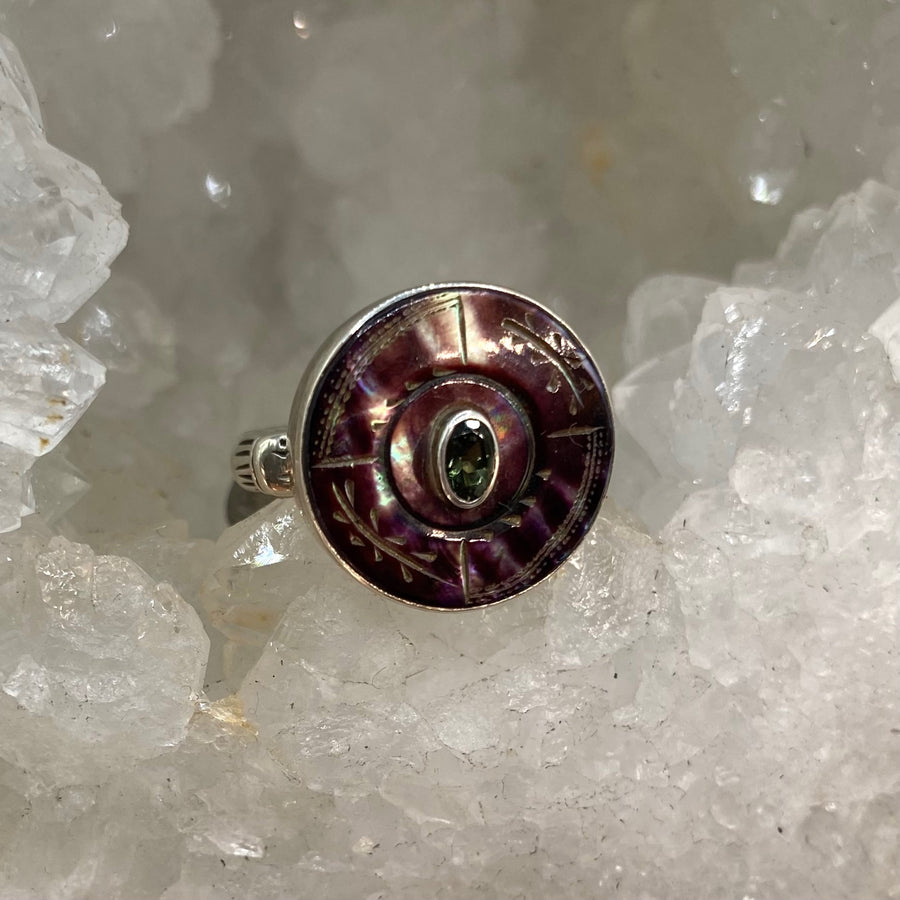 Victorian Carved Tinted Shell Button w/ Tourmaline Facet Center set in Sterling Silver Ring Size 7-1/2