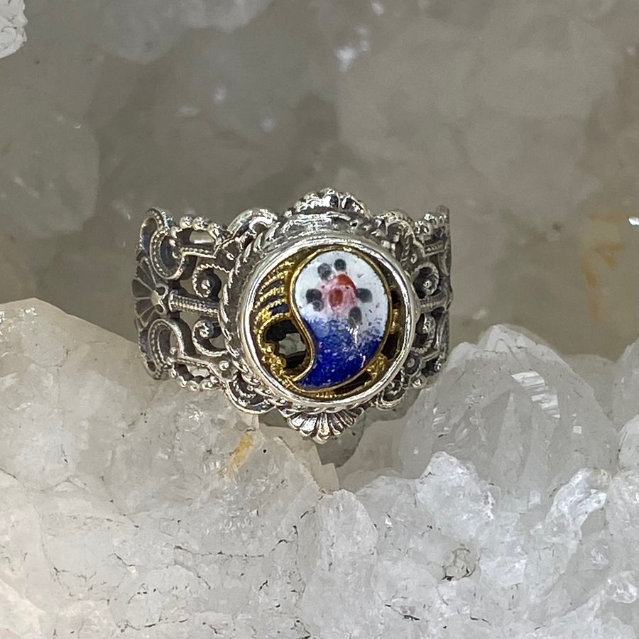 Victorian Hand Painted Floral Enamel Button set in Filigree Sterling Silver Ring Size 8-1/4