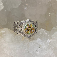 Victorian Hand Painted Floral Enamel Button set in Filigree Sterling Silver Ring Size 8-1/4