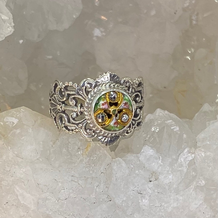 Victorian Hand Painted Floral Enamel Button set in Filigree Sterling Silver Ring Size 8-1/4
