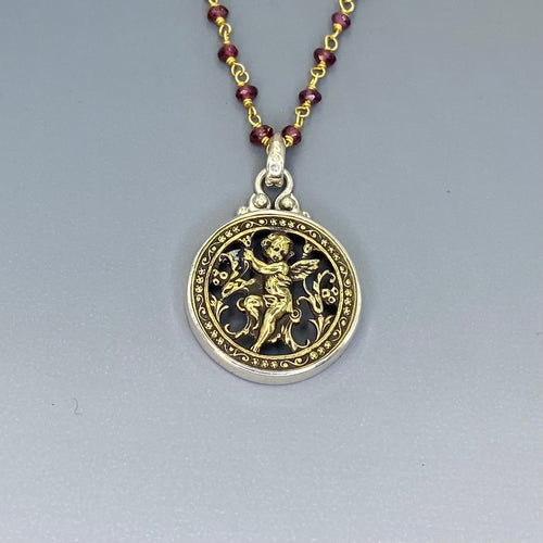 Victorian Picture Metal Button Openwork Cherub Button set in Sterling silver Pendant w/ Garnet Facet Rosary 18"" Necklace