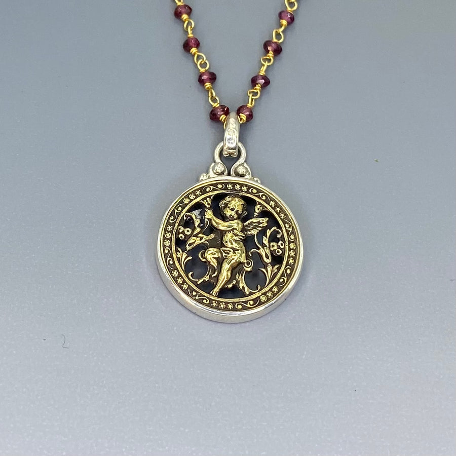 Victorian Picture Metal Button Openwork Cherub Button set in Sterling silver Pendant w/ Garnet Facet Rosary 18"" Necklace
