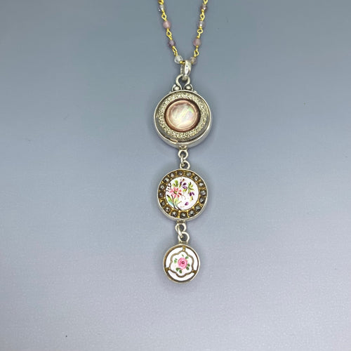 Victorian Three Button Drop Set in Sterling Silver Accented with Garnet Facet Rosary Necklace