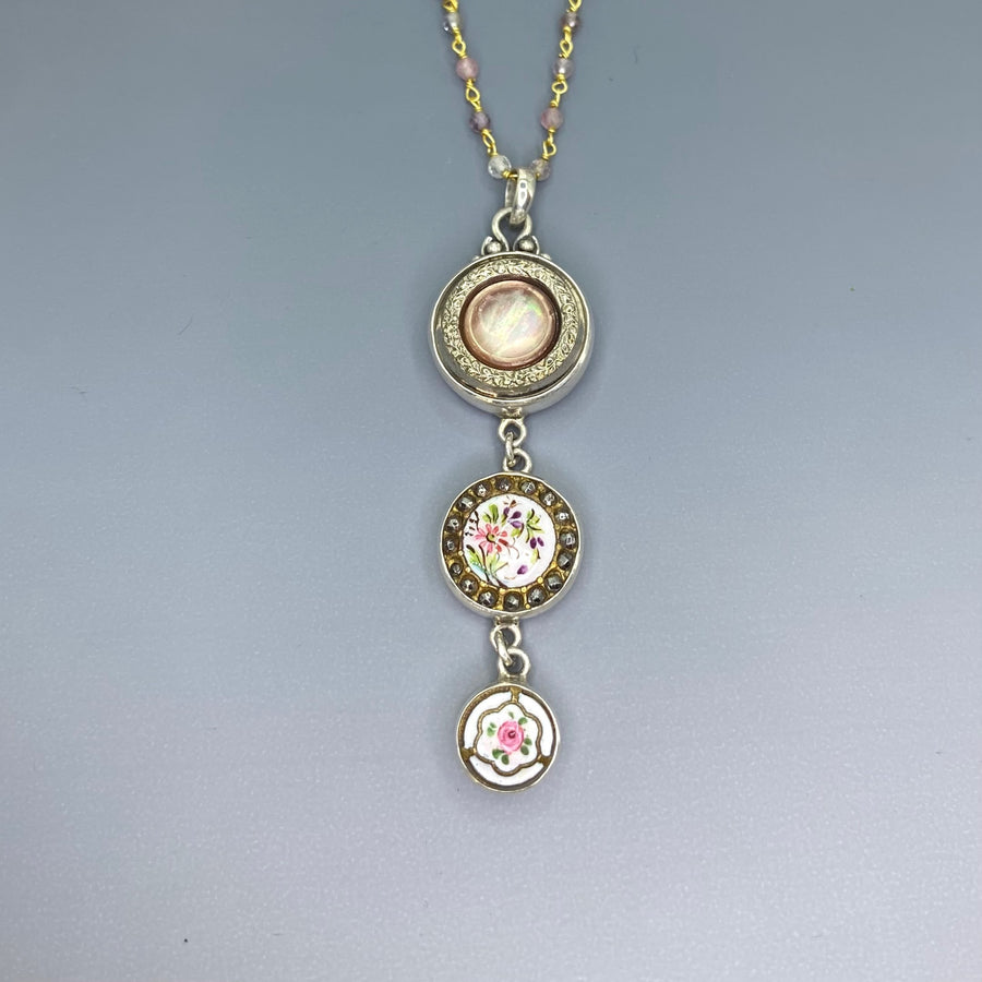 Victorian Three Button Drop Set in Sterling Silver Accented with Garnet Facet Rosary Necklace