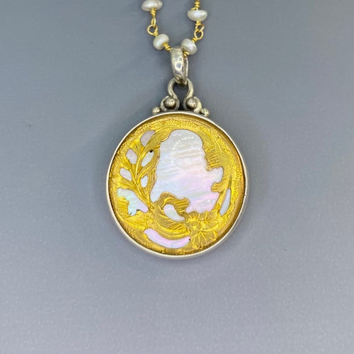 Victorian Shell with Ornate Metal Overlay Button Set in Sterling Silver With Pearl Stone Rosary Necklace (Copy)