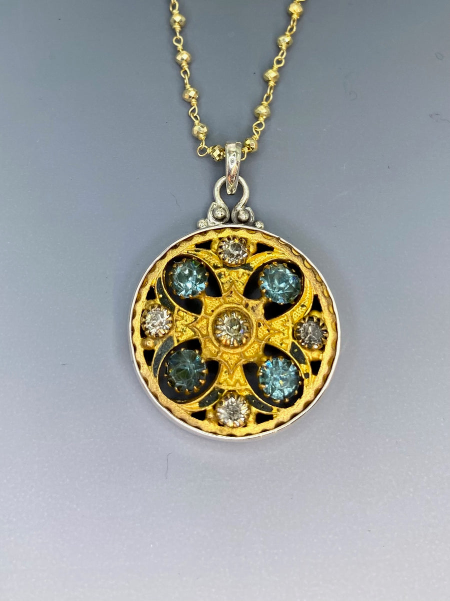 Victorian Glass in Openwork Metal With Pronged Bi Color Glass Button Set in Sterling Silver With Facet Stone Rosary Necklace