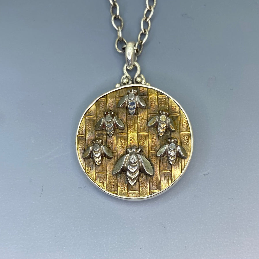 Victorian Picture Metal Button Steel Facet Bees set in Sterling silver Pendant w/ Sterling Silver 22" Necklace
