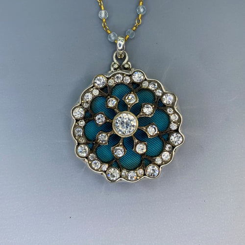 Victorian Metal Fabric Button w/ Victorian Paste Metal Overlay Rare! Set in Sterling Silver Pendant w/ Aqua Marine Rosary Necklace