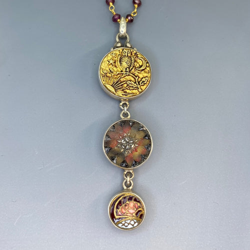 Victorian Three Button Drop Set in Sterling Silver Accented with Garnet Facet Rosary Necklace