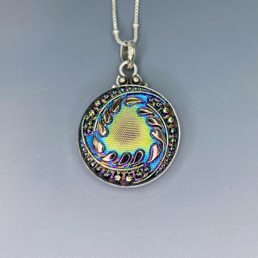 Victorian Czech Lustered Glass Button Set in Sterling Silver With Sterling Silver Satellite Chain