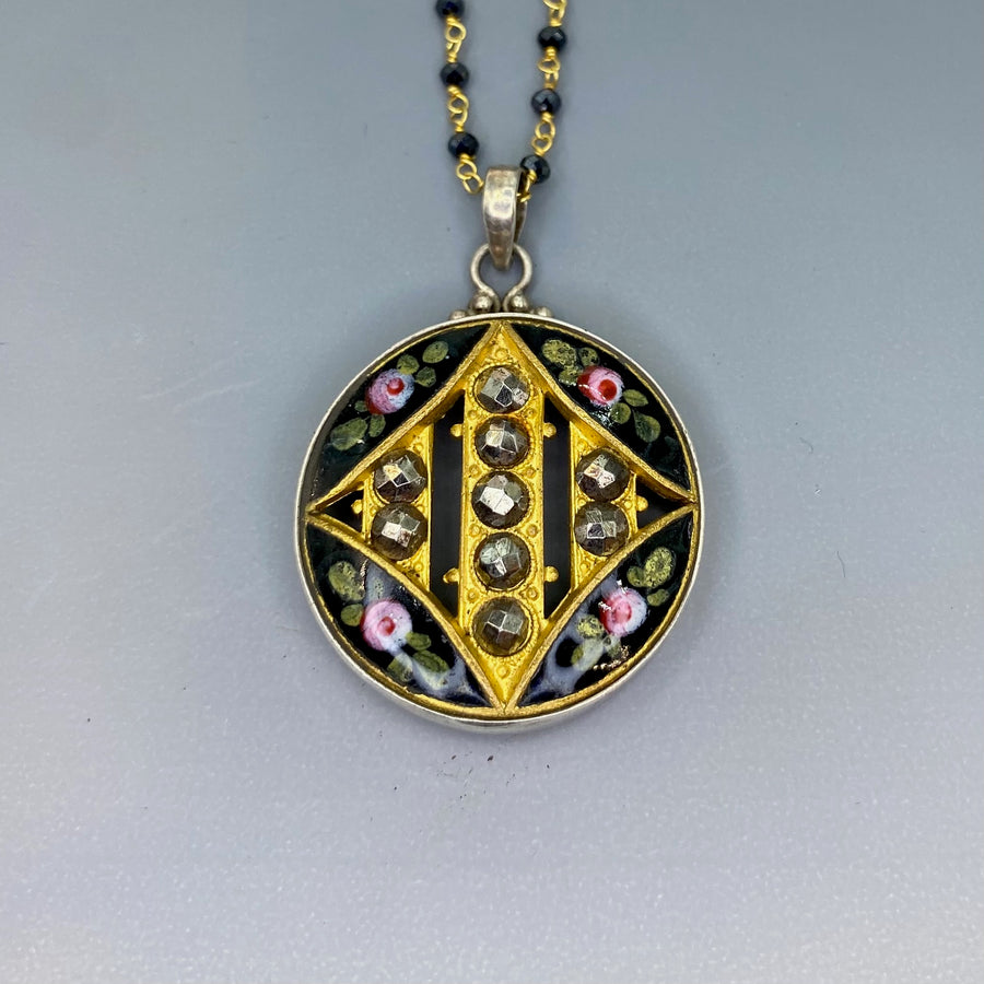 Victorian Hand Painted Floral Enamel with Steel Facet Accent set in Sterling Silver w/ Black Spinnel Rosary Necklace