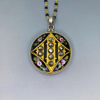 Victorian Hand Painted Floral Enamel with Steel Facet Accent set in Sterling Silver w/ Black Spinnel Rosary Necklace