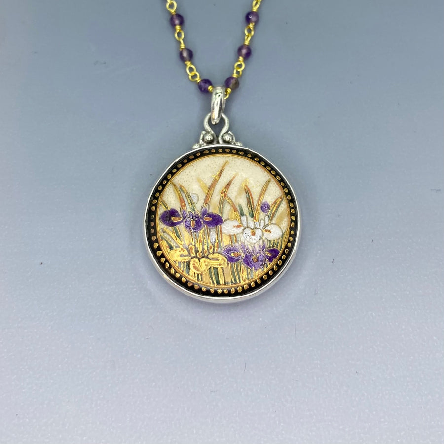 Hand Painted Satsuma Button W/ Gold Painted Accent set in Sterling silver Amethyst Facet Necklace