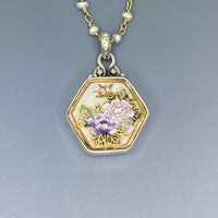 Hand Painted Hexagon Satsuma Button W/ Gold Painted Accent set in Sterling silver Pearl Facet Necklace