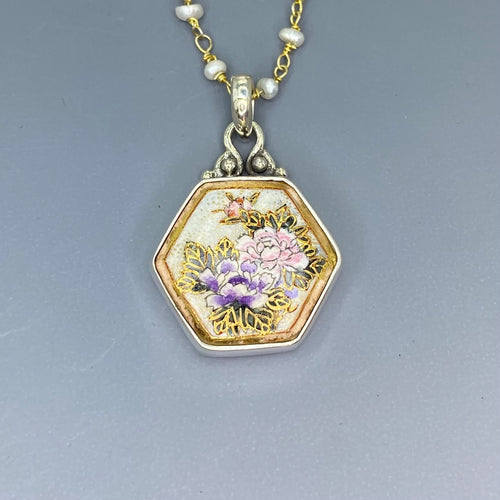 Hand Painted Hexagon Satsuma Button W/ Gold Painted Accent set in Sterling silver Pearl Facet Necklace